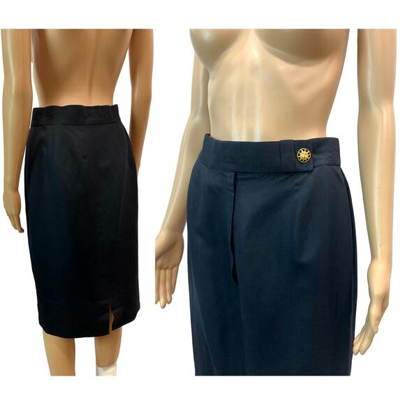 80's Louis Féraud Structured Black Pencil Skirt w Gold Sun Face Button | 28" - Picture 8 of 12